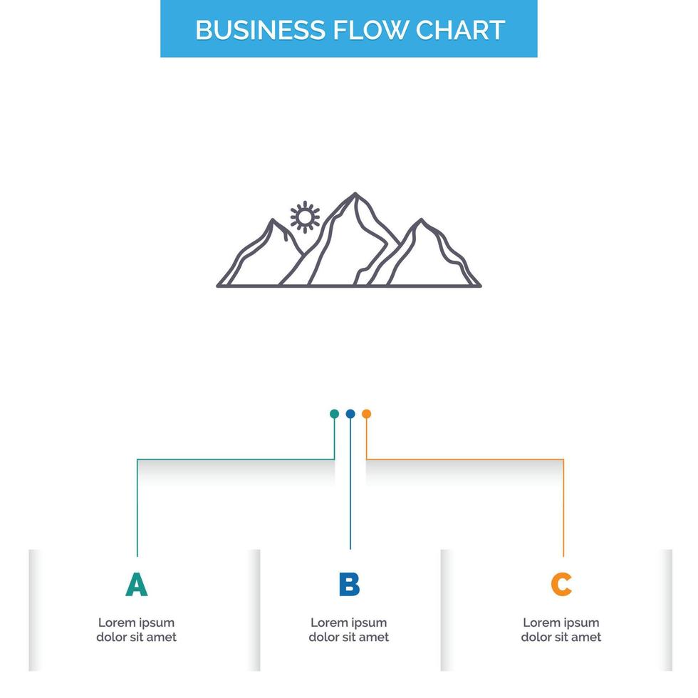 Cerro. paisaje. naturaleza. montaña. diseño de diagrama de flujo de negocios de sol con 3 pasos. icono de línea para el lugar de plantilla de fondo de presentación para texto vector