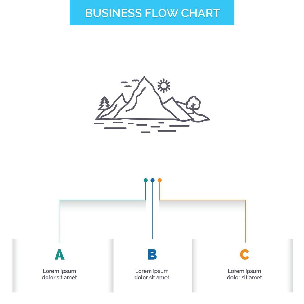 Nature. hill. landscape. mountain. tree Business Flow Chart Design with 3 Steps. Line Icon For Presentation Background Template Place for text vector