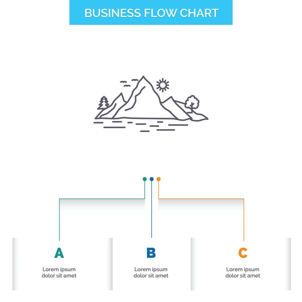 naturaleza. Cerro. paisaje. montaña. diseño de diagrama de flujo de negocio de árbol con 3 pasos. icono de línea para el lugar de plantilla de fondo de presentación para texto vector