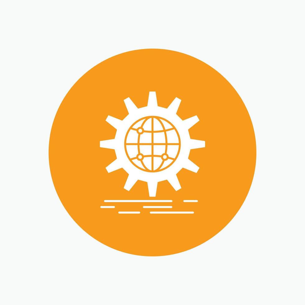 international. business. globe. world wide. gear White Glyph Icon in Circle. Vector Button illustration