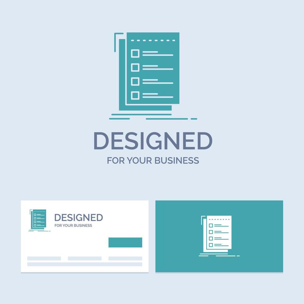 Check. checklist. list. task. to do Business Logo Glyph Icon Symbol for your business. Turquoise Business Cards with Brand logo template. vector