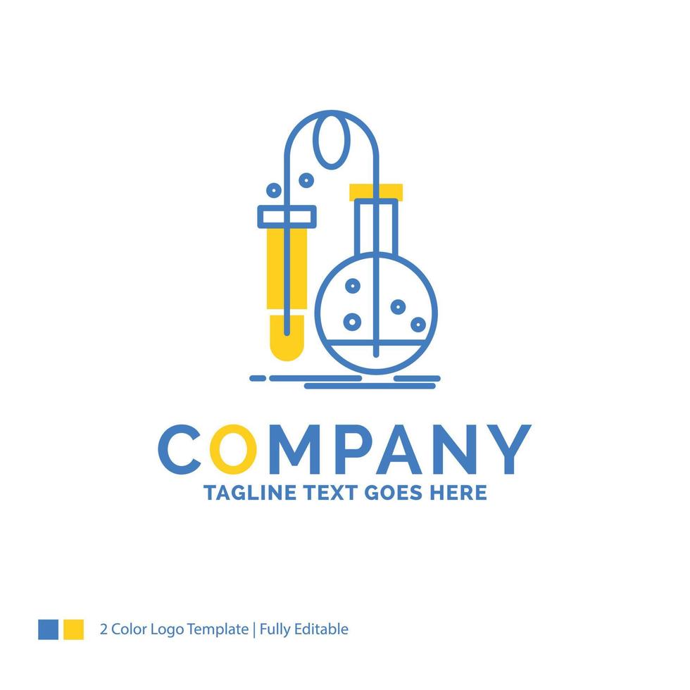 pruebas. química. matraz. laboratorio. plantilla de logotipo de empresa amarillo azul de ciencia. lugar de plantilla de diseño creativo para eslogan. vector