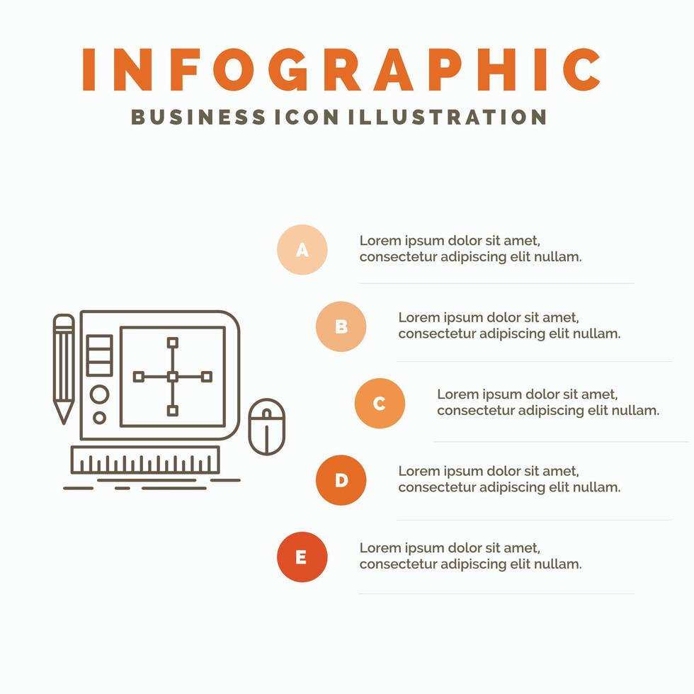 diseño. gráfico. herramienta. software. plantilla de infografía de diseño web para sitio web y presentación. icono de línea gris con ilustración de vector de estilo infográfico naranja