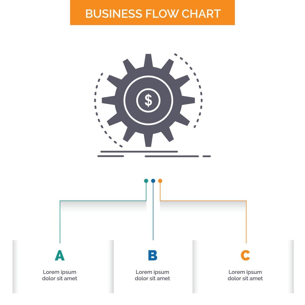 Finanzas. caudal. ingreso. haciendo. diseño de diagrama de flujo de negocios de dinero con 3 pasos. icono de glifo para el lugar de plantilla de fondo de presentación para texto. vector