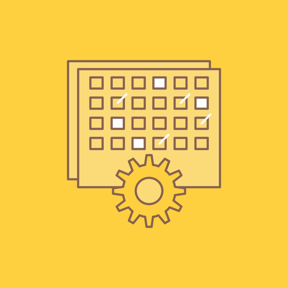 Event. management. processing. schedule. timing Flat Line Filled Icon. Beautiful Logo button over yellow background for UI and UX. website or mobile application vector