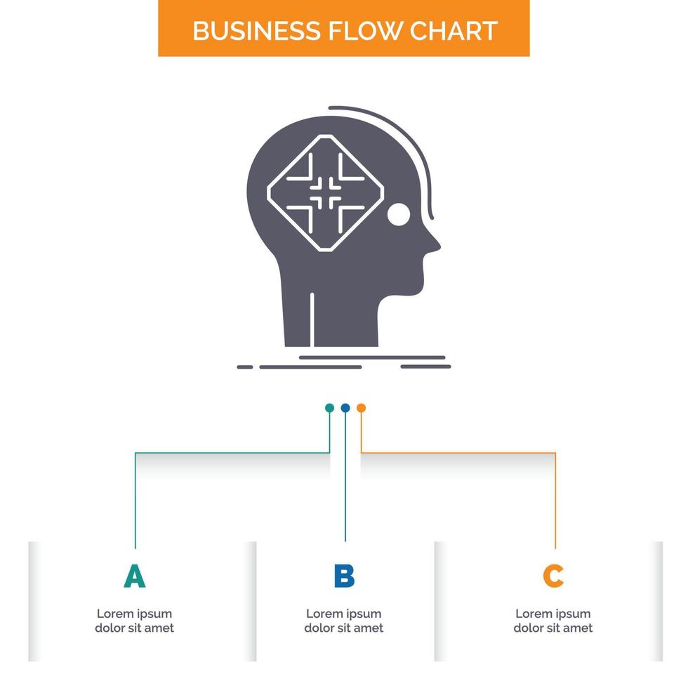 avanzado. cibernético futuro. humano. diseño de diagrama de flujo de negocio mental con 3 pasos. icono de glifo para el lugar de plantilla de fondo de presentación para texto. vector