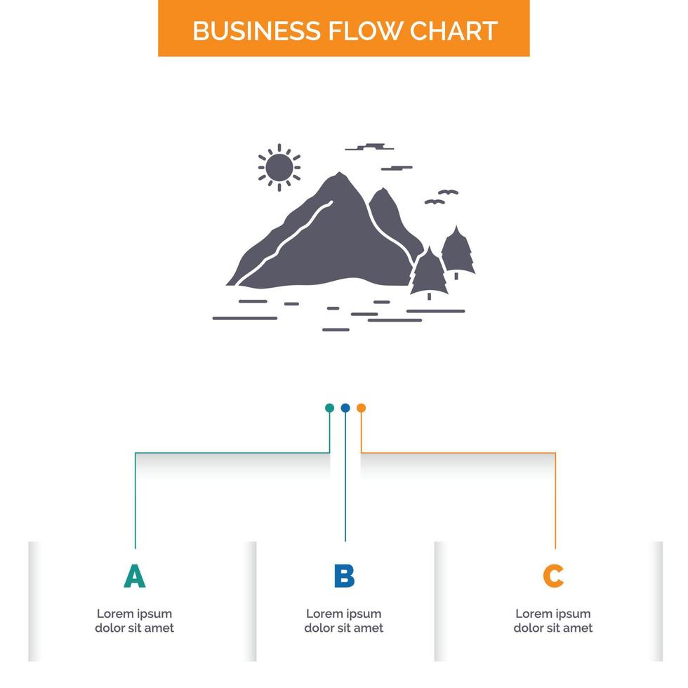 Nature. hill. landscape. mountain. sun Business Flow Chart Design with 3 Steps. Glyph Icon For Presentation Background Template Place for text. vector
