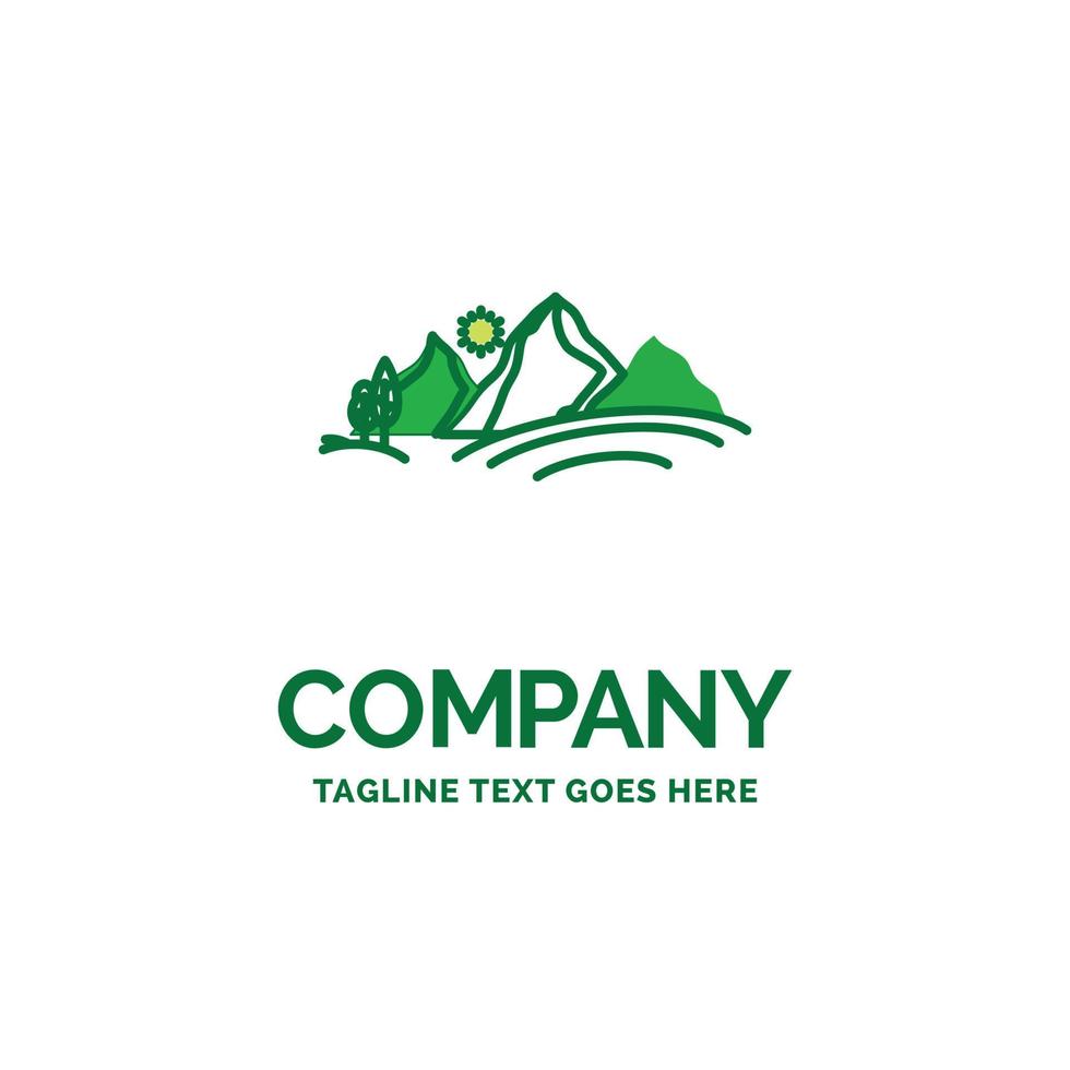 hill. landscape. nature. mountain. sun Flat Business Logo template. Creative Green Brand Name Design. vector