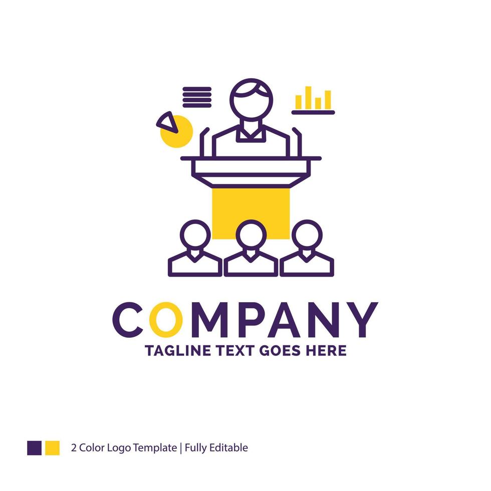 Company Name Logo Design For Business. conference. convention. presentation. seminar. Purple and yellow Brand Name Design with place for Tagline. Creative Logo template for Small and Large Business. vector