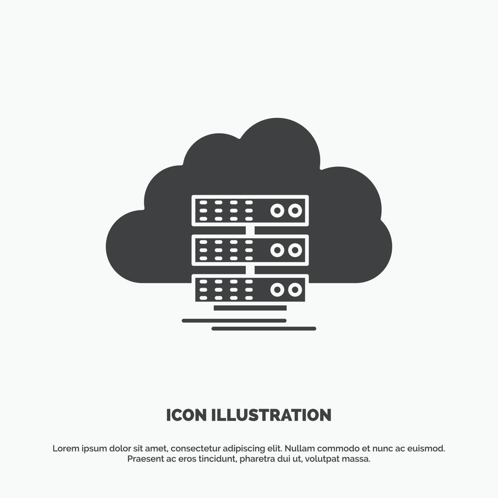 nube. almacenamiento. informática. datos. icono de flujo. símbolo gris vectorial de glifo para ui y ux. sitio web o aplicación móvil vector