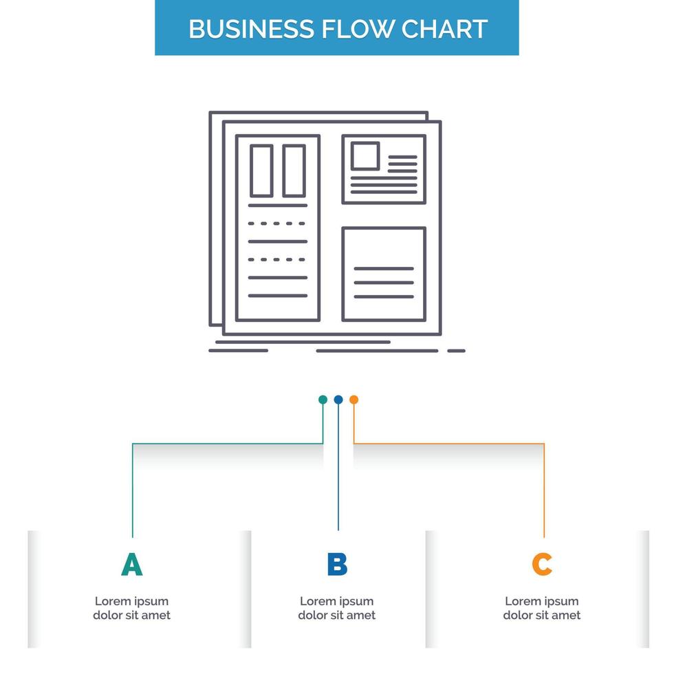 Design. grid. interface. layout. ui Business Flow Chart Design with 3 Steps. Line Icon For Presentation Background Template Place for text vector