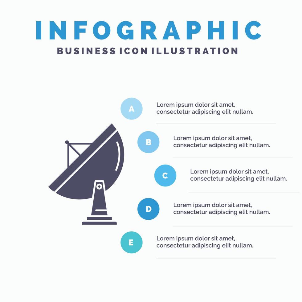 satélite. antena. Radar. espacio. plantilla de infografía de plato para sitio web y presentación. icono de glifo gris con ilustración de vector de estilo infográfico azul.