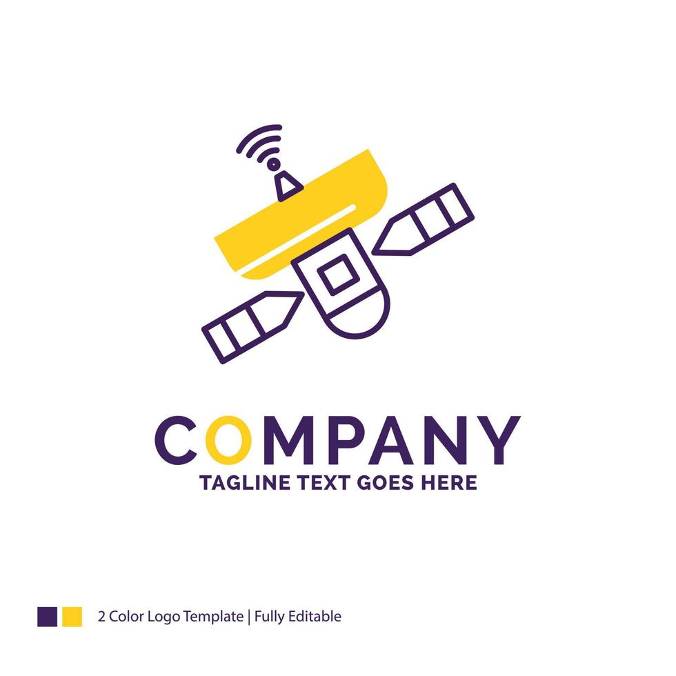 Company Name Logo Design For satellite. antenna. radar. space. Signal. Purple and yellow Brand Name Design with place for Tagline. Creative Logo template for Small and Large Business. vector