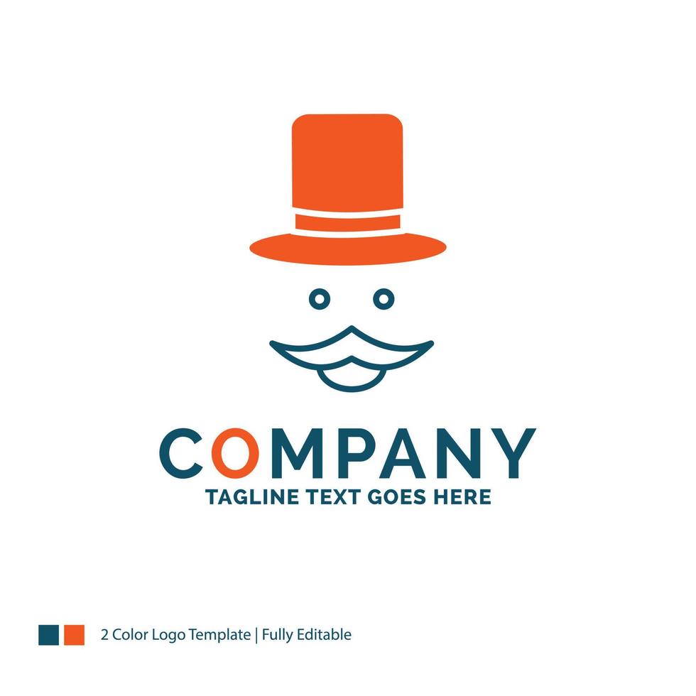 bigote. inconformista. movimiento sombrero. diseño de logotipo de hombres. diseño de marca azul y naranja. lugar para el eslogan. plantilla de logotipo de empresa. vector