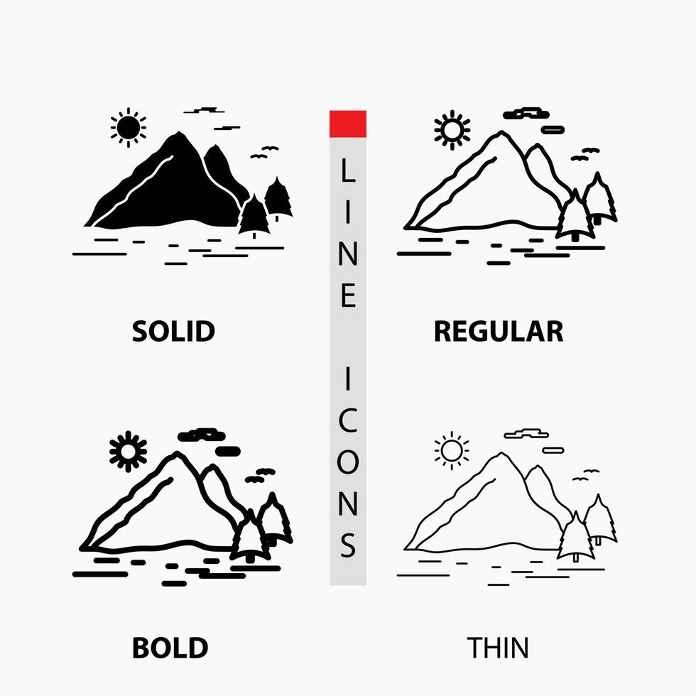 Nature. hill. landscape. mountain. sun Icon in Thin. Regular. Bold Line and Glyph Style. Vector illustration