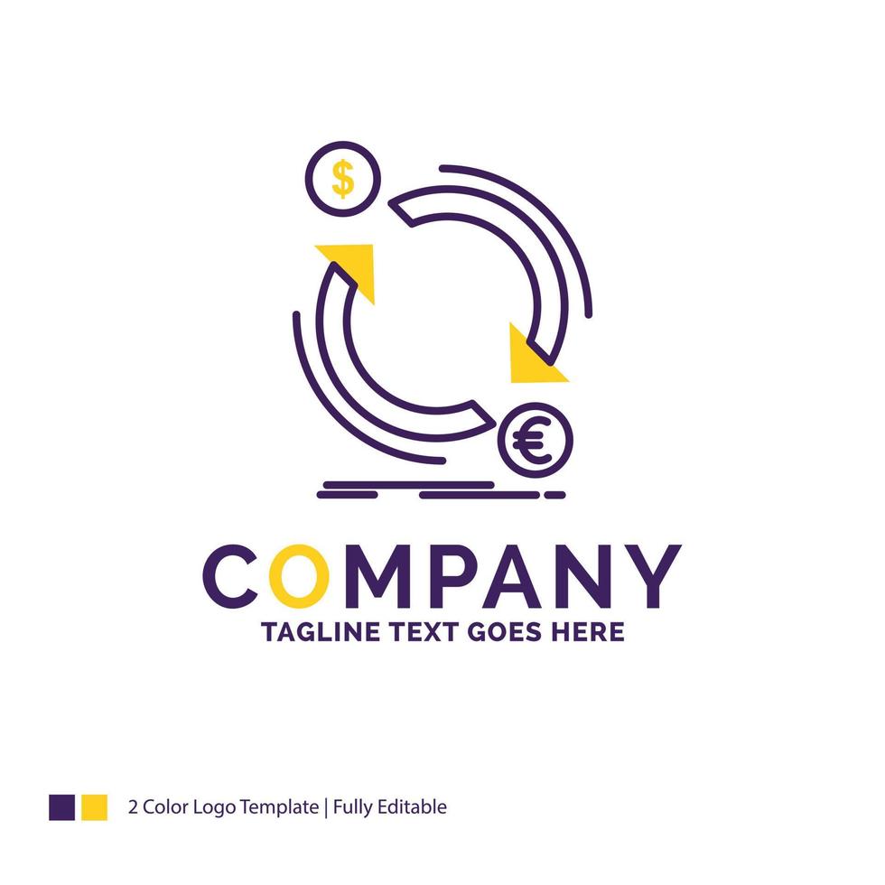 Company Name Logo Design For exchange. currency. finance. money. convert. Purple and yellow Brand Name Design with place for Tagline. Creative Logo template for Small and Large Business. vector