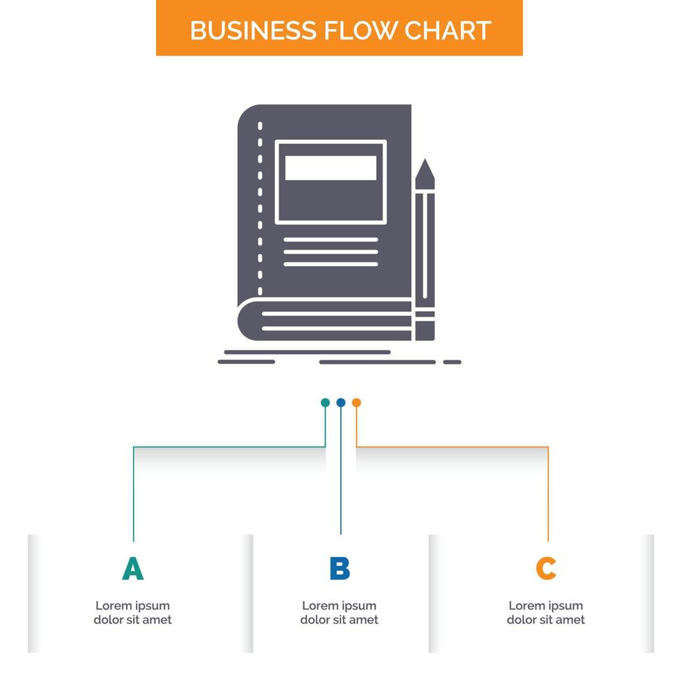 libro. negocio. educación. computadora portátil. diseño de diagrama de flujo de negocios escolares con 3 pasos. icono de glifo para el lugar de plantilla de fondo de presentación para texto. vector