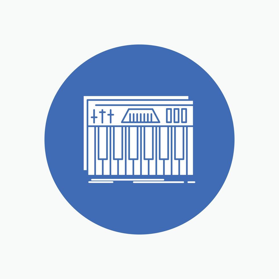 Controller. keyboard. keys. midi. sound White Glyph Icon in Circle. Vector Button illustration