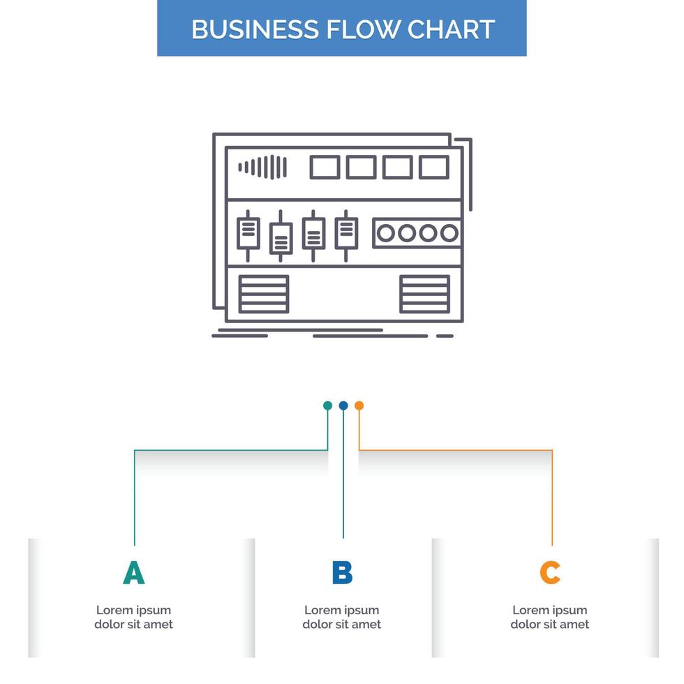Audio. mastering. module. rackmount. sound Business Flow Chart Design with 3 Steps. Line Icon For Presentation Background Template Place for text vector