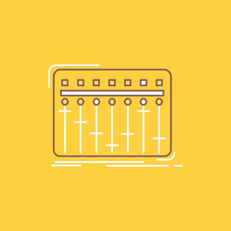 Console. dj. mixer. music. studio Flat Line Filled Icon. Beautiful Logo button over yellow background for UI and UX. website or mobile application vector