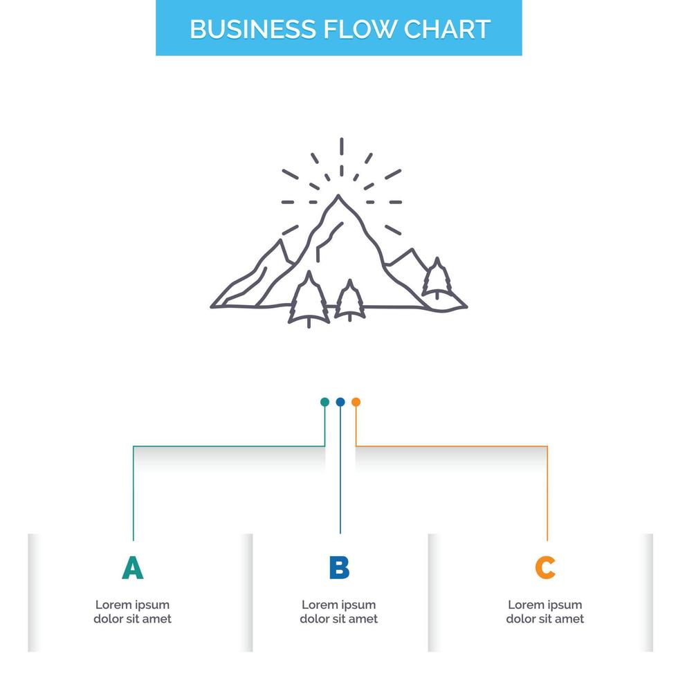 Cerro. paisaje. naturaleza. montaña. diseño de diagrama de flujo comercial de fuegos artificiales con 3 pasos. icono de línea para el lugar de plantilla de fondo de presentación para texto vector