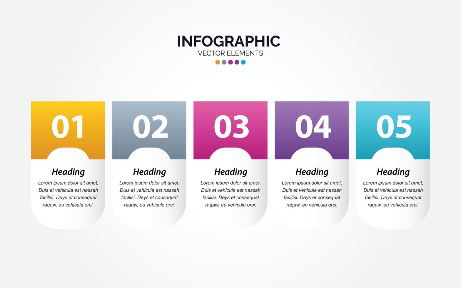 Carpeta de plantilla colorida de diseño vectorial de marketing comercial infográfico horizontal 5 opciones o pasos en un estilo mínimo. vector