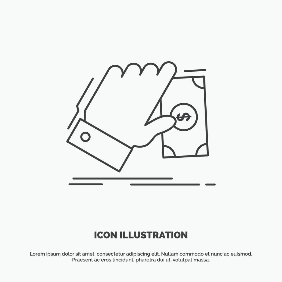 negocio. mano. dinero. ganar. icono de dólar símbolo gris vectorial de línea para ui y ux. sitio web o aplicación móvil vector