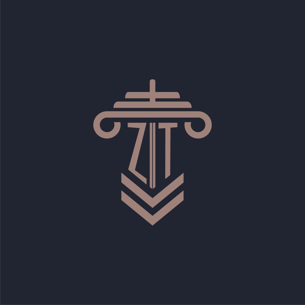 logotipo de monograma inicial zt con diseño de pilar para imagen vectorial de bufete de abogados vector