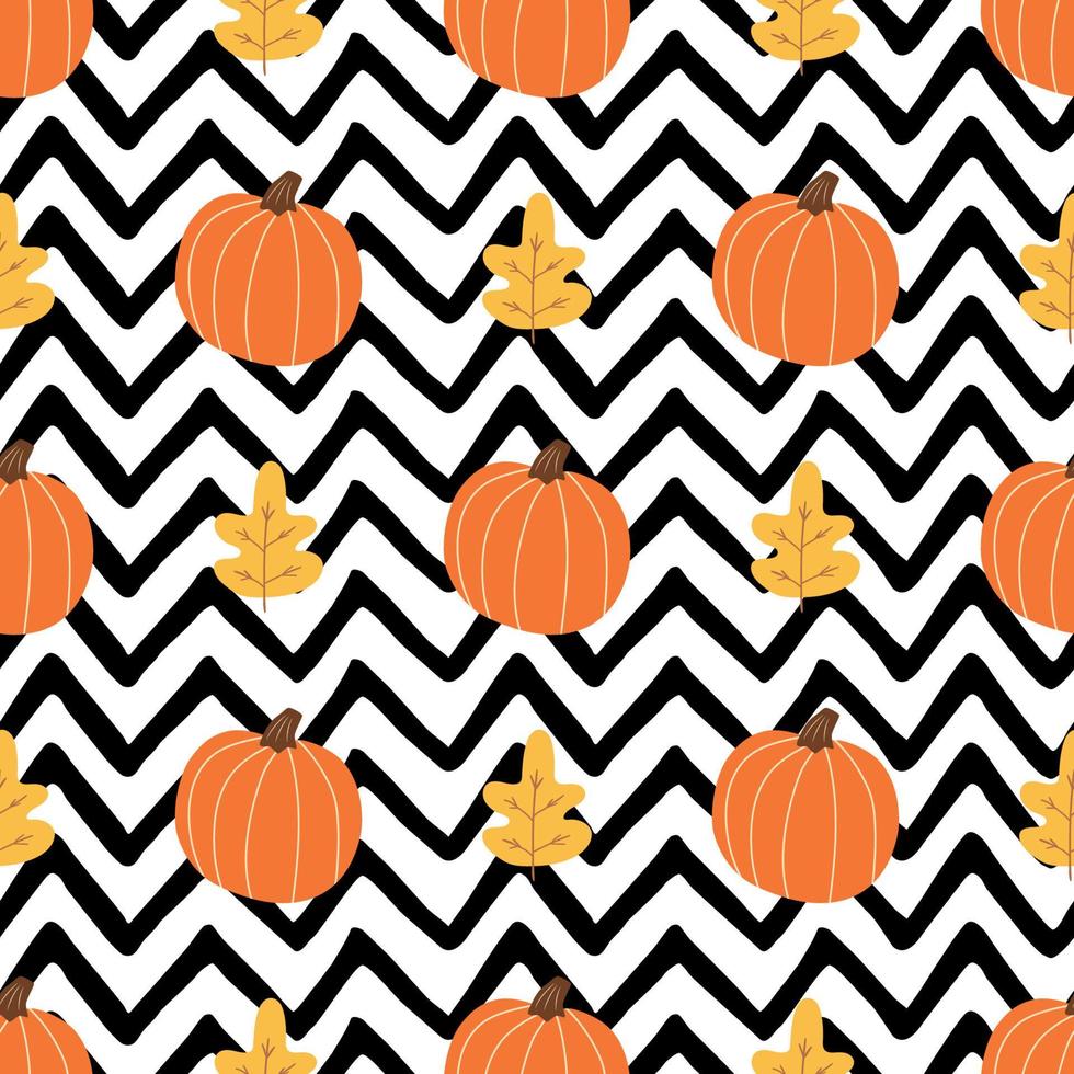 Orange pumpkin, autumn leaves on black zigzag lines background. Simple Halloween seamless patterns, fall pumpkin, autumn texture. Trendy Thanksgiving endless wallpaper, surface. Vector illustration.