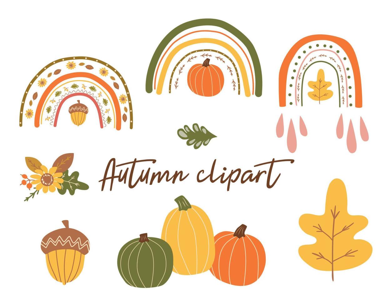 Autumn vector clipart. Autumn rainbow, cute fall pumpkin, leaves, fall flower, acorn. Autumn trendy set. Fall graphic elements collection. Hand drawn kids orange pumpkin, rainbow. Vector illustration.