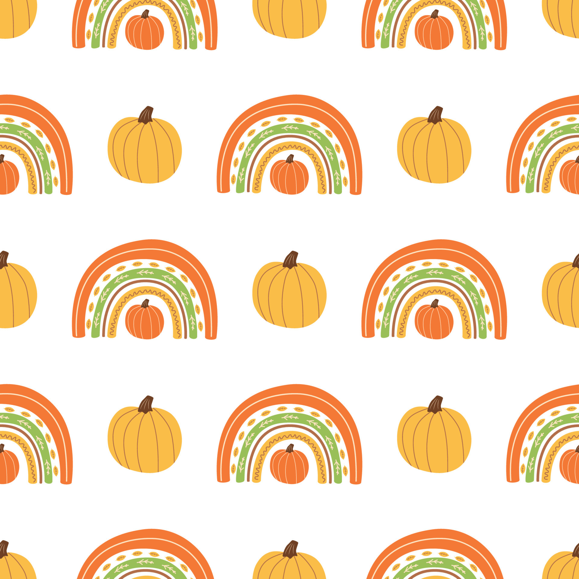 Fall rainbow with pumpkin pattern. Cute autumn seamless background