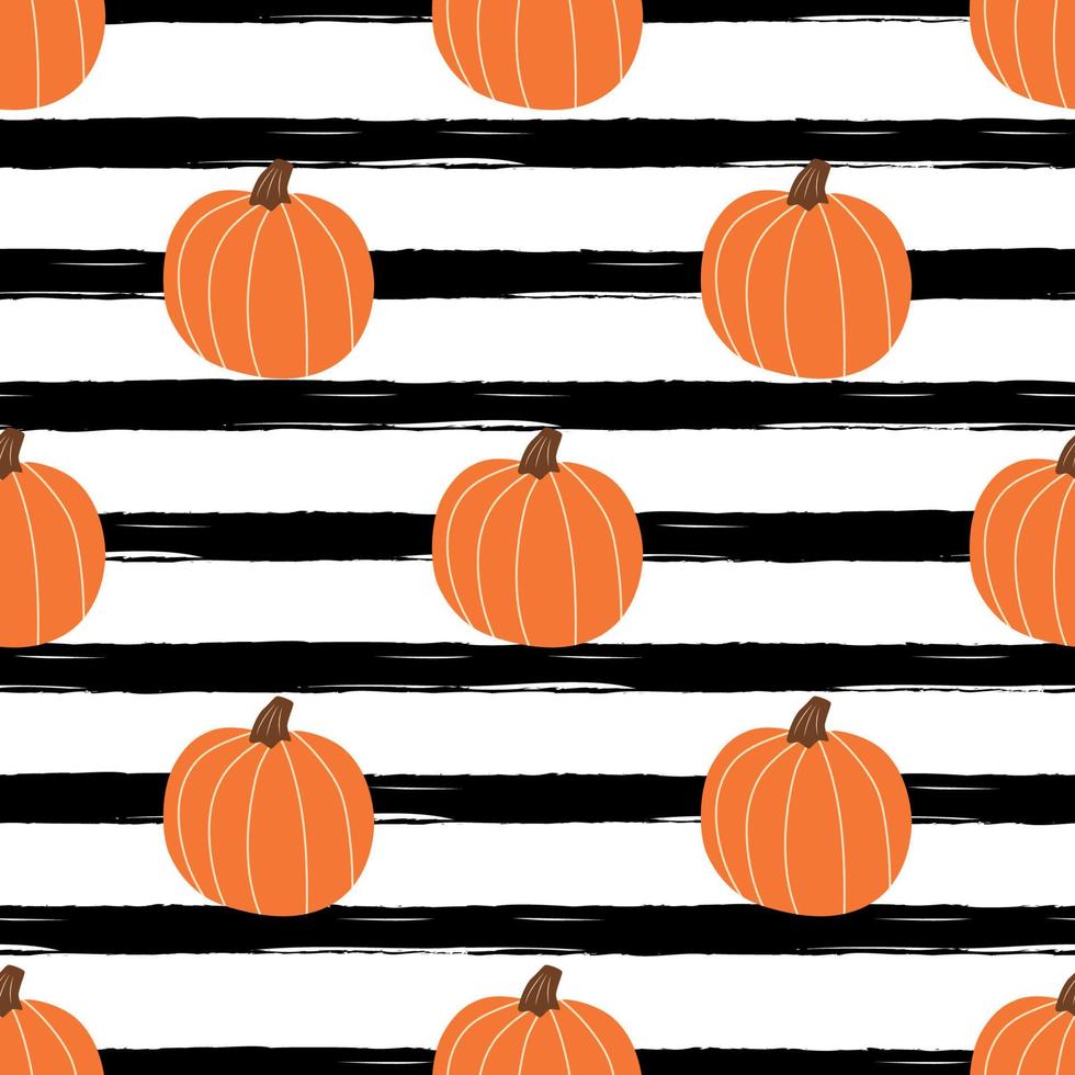 Orange pumpkin on black striped background. Simple Halloween seamless patterns, fall pumpkin, autumn texture. Trendy Thanksgiving endless background, fall wallpaper, surface. Vector illustration.