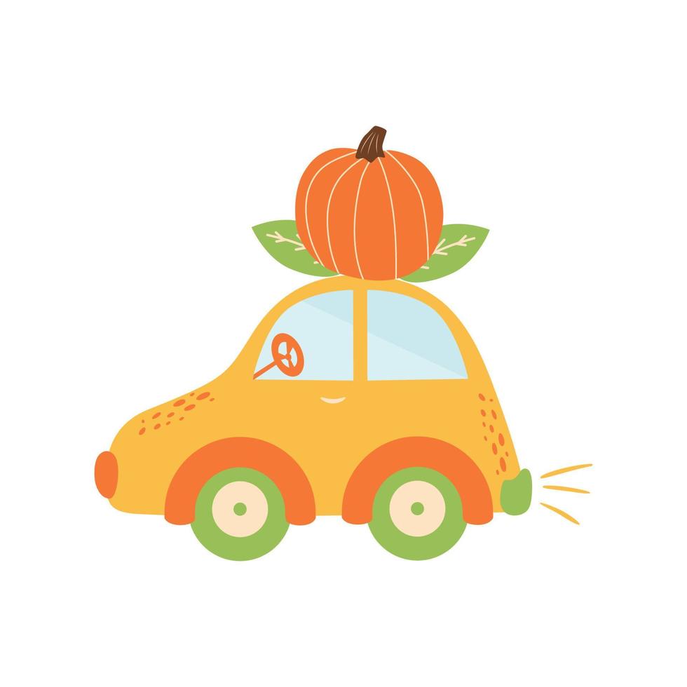 Pumpkin car Cute autumn greating card. Background for fall season. Transportation elements. Harvest time. Vector illustration. Pumpkin season. Hand drawn cartoon style, autumn poster, printable print.