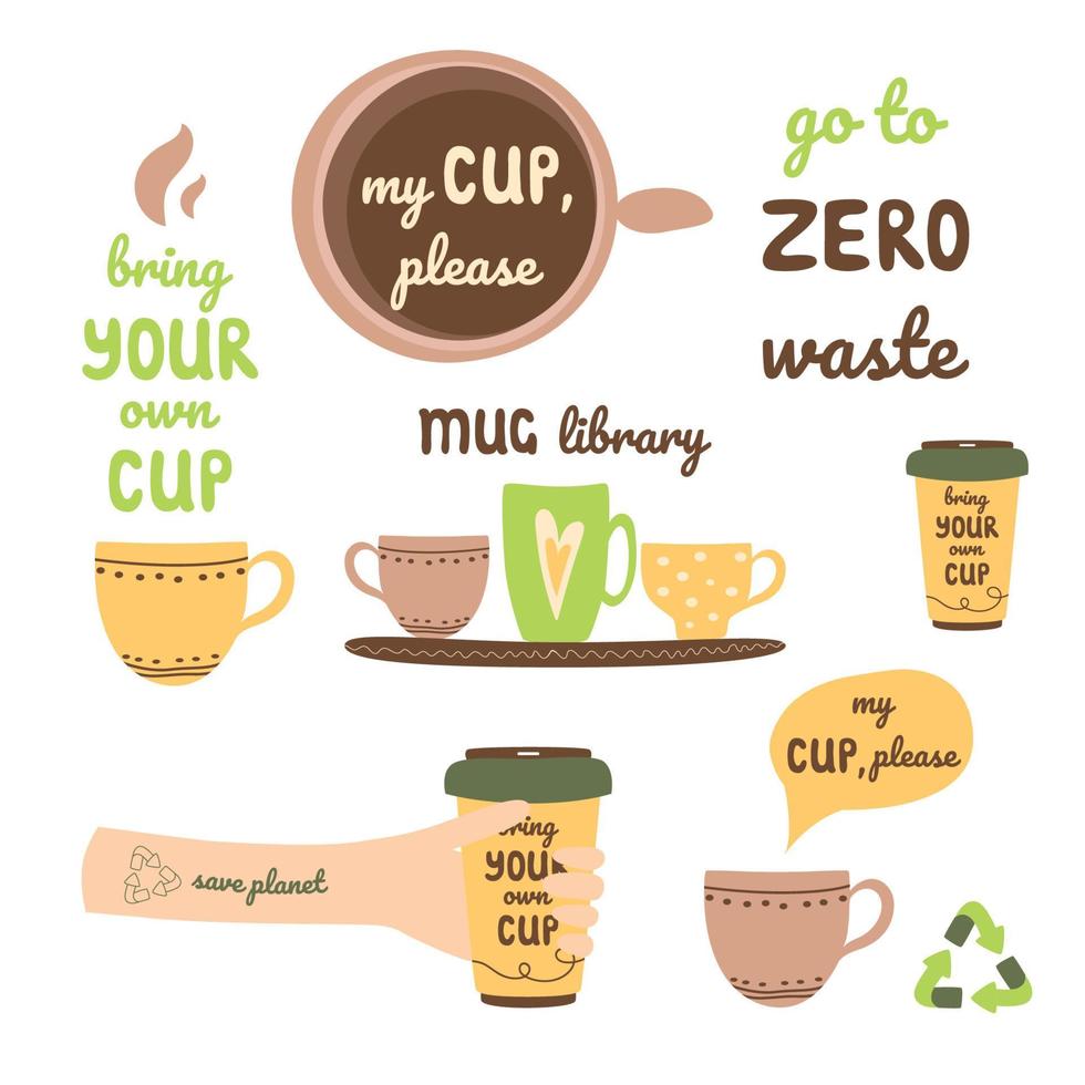 Bring your own cup coffee cup collection. Cute mug library set. Hand  holding reusable cups. Hand holding reusable cup. Zero waste vector  illustration. My cup please collection. 13048797 Vector Art at Vecteezy