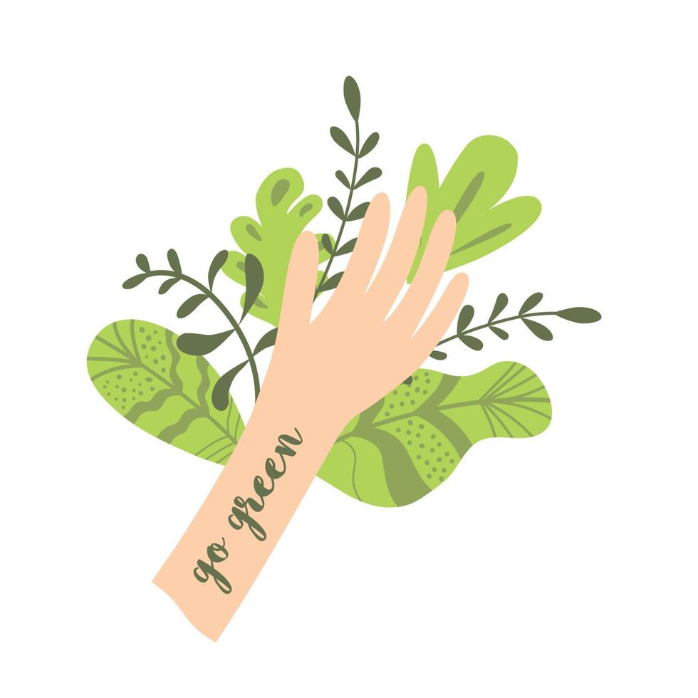 Go green hand decorated green leaves Eco friendly Ecology concept on white Zero waste element logo. Ecological quote. Cute print for save planet nature ecological design. Vector illustration.