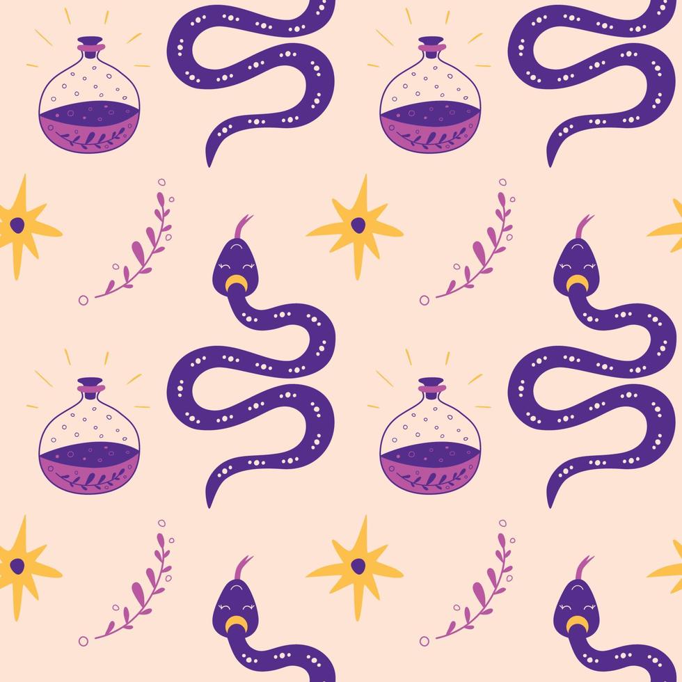 Mystical snake, star. Occult pattern. Magic elements snake potion bottle, star, herb. Hand drawn magical occult illustration. Graphic boho spiritual background. Vector serpent seamless pattern Violet.