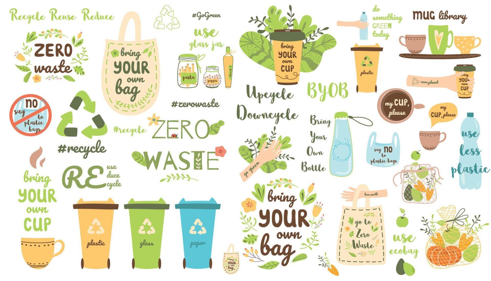 Zero waste elements set. Recycle clip art Eco friendly stickers Reusable items products collection. Eco grocery bags thermo mug plastic bottle garbage can. Ecological cute cartoon vector illustration.