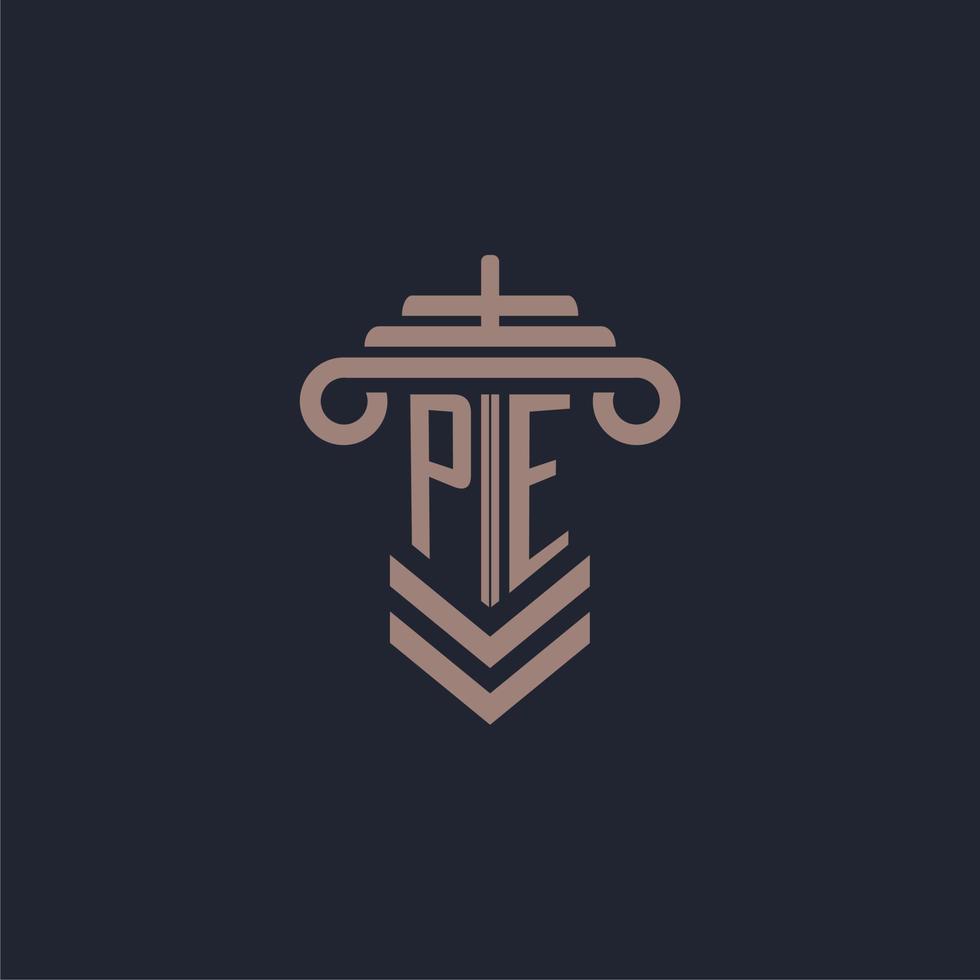 PE initial monogram logo with pillar design for law firm vector image