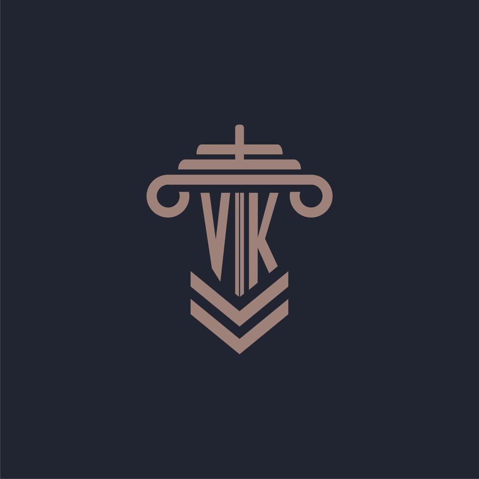 VK initial monogram logo with pillar design for law firm vector image