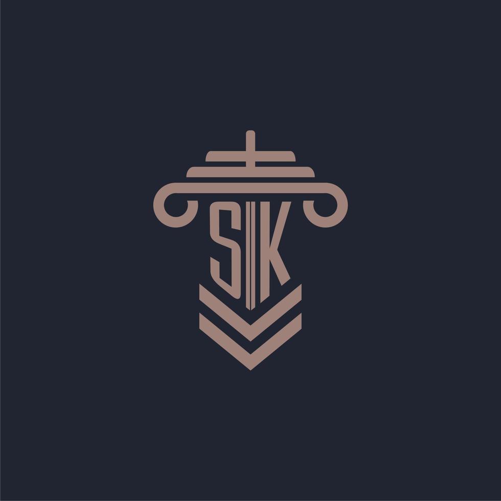 SK initial monogram logo with pillar design for law firm vector image