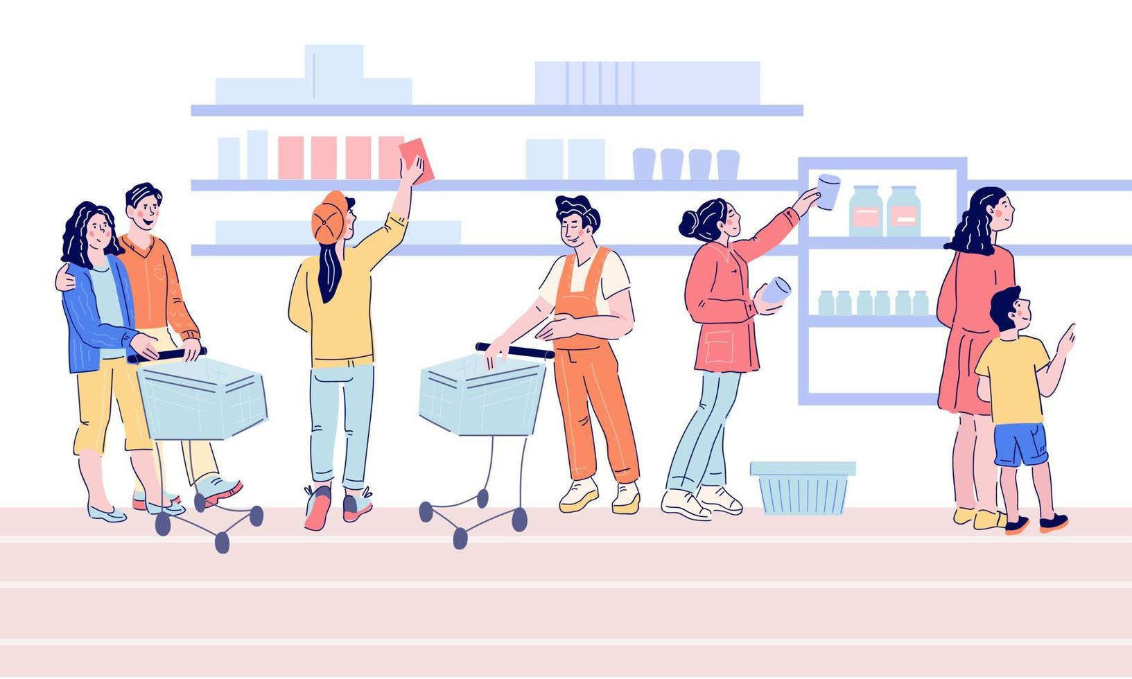 People in supermarket flat horizontal banner with people buying foods and goods. Shopping service in grocery store scene with men and women cartoon characters. Flat vector illustration.