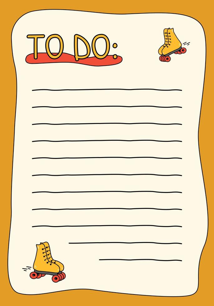 Bright to do list with roller-skates template doodle style, vector illustration. Yellow goal planner with black lines, checklist, stationery. Decorative design