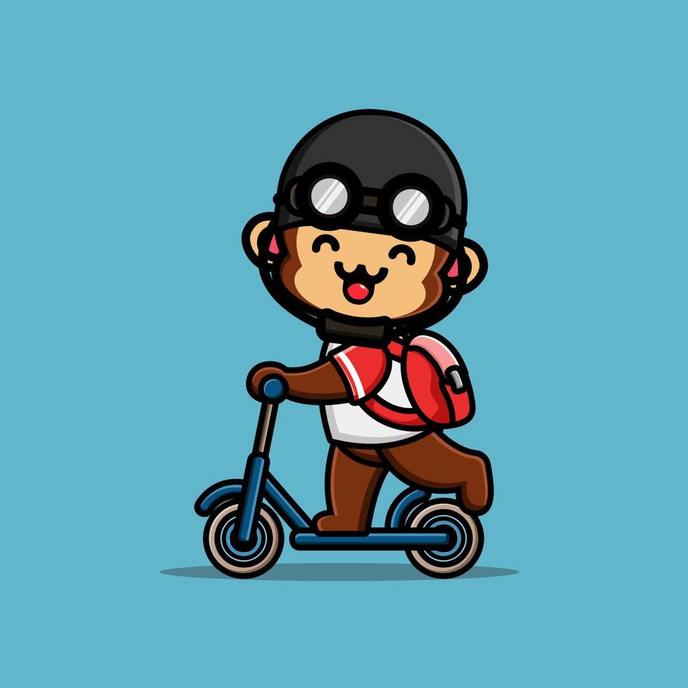 Cute monkey ridding kick scooter and wear helmet vector