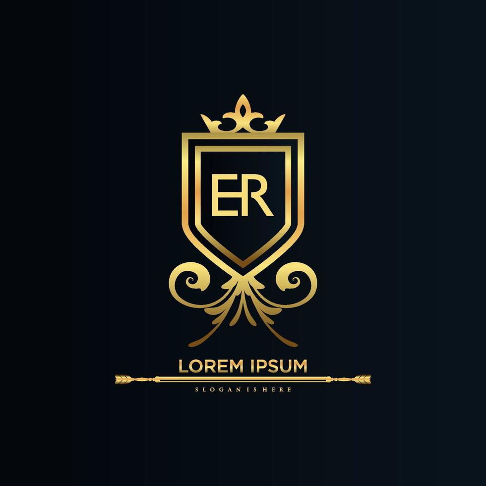 er letra inicial con plantilla real.elegante con vector de logotipo de corona, ilustración de vector de logotipo de letras creativas.