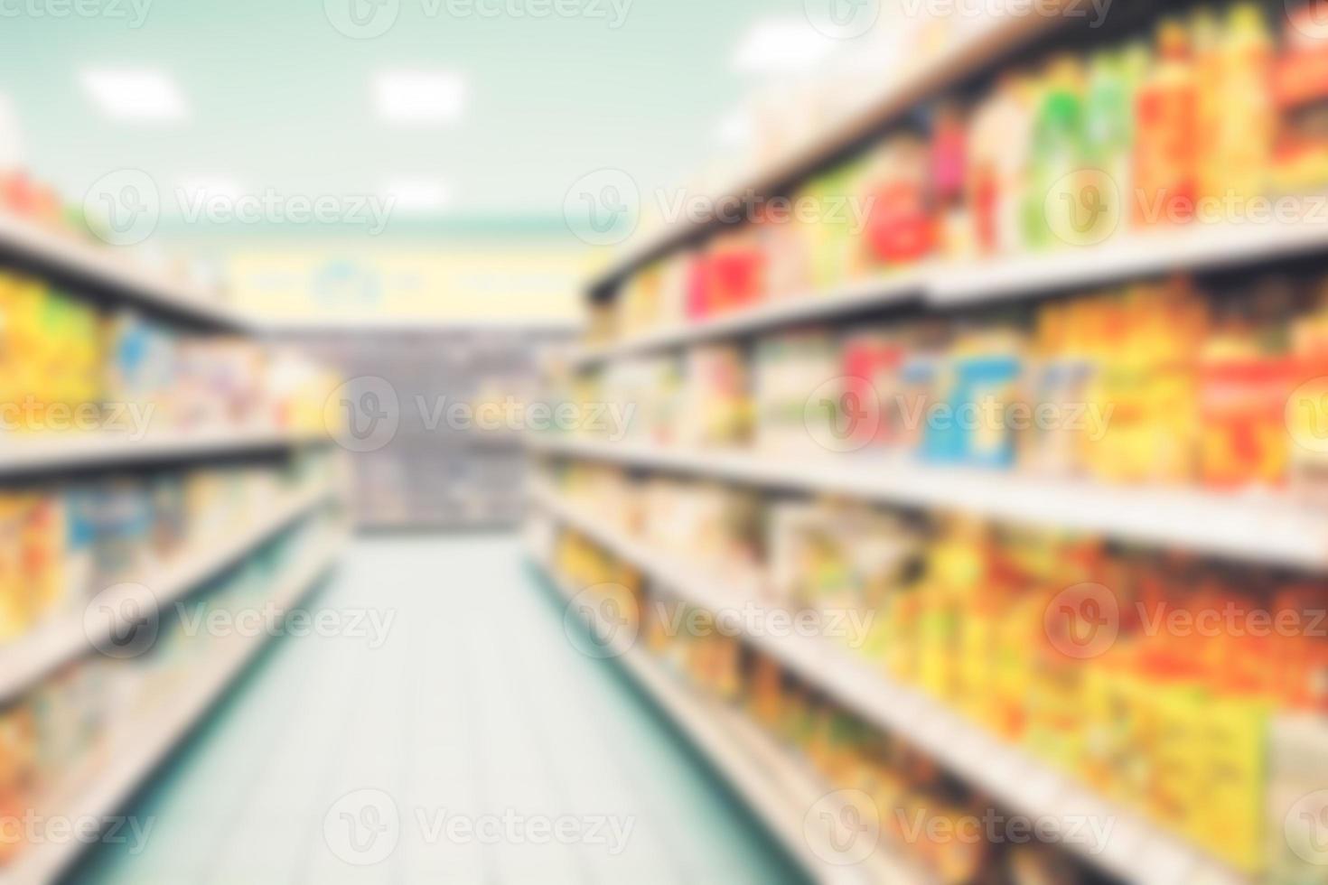 Abstract blurred background supermarket aisles with colorful shelves of merchandise. photo