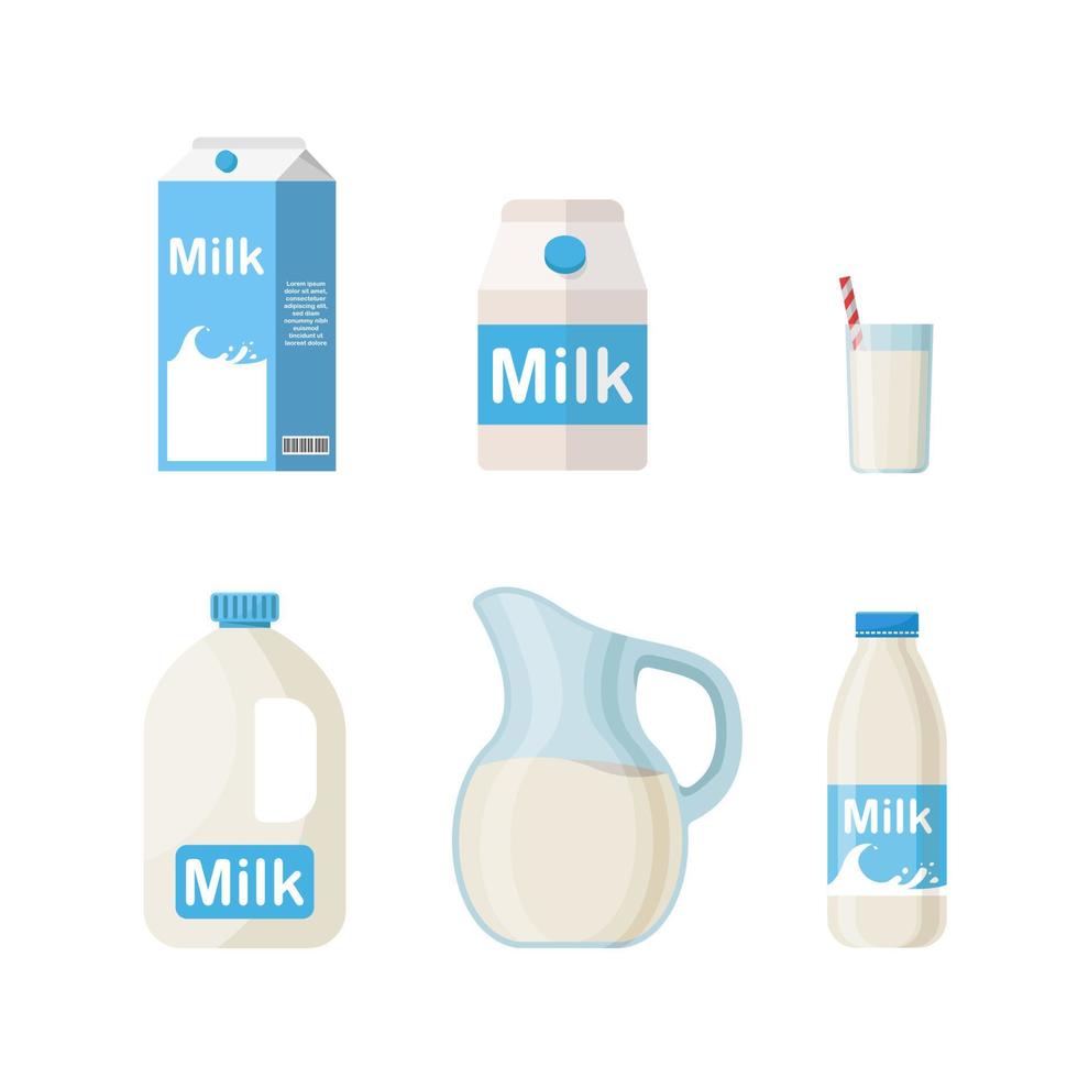 juego de leche en diferentes envases, vidrio, cartón, botella aislada en fondo blanco vector
