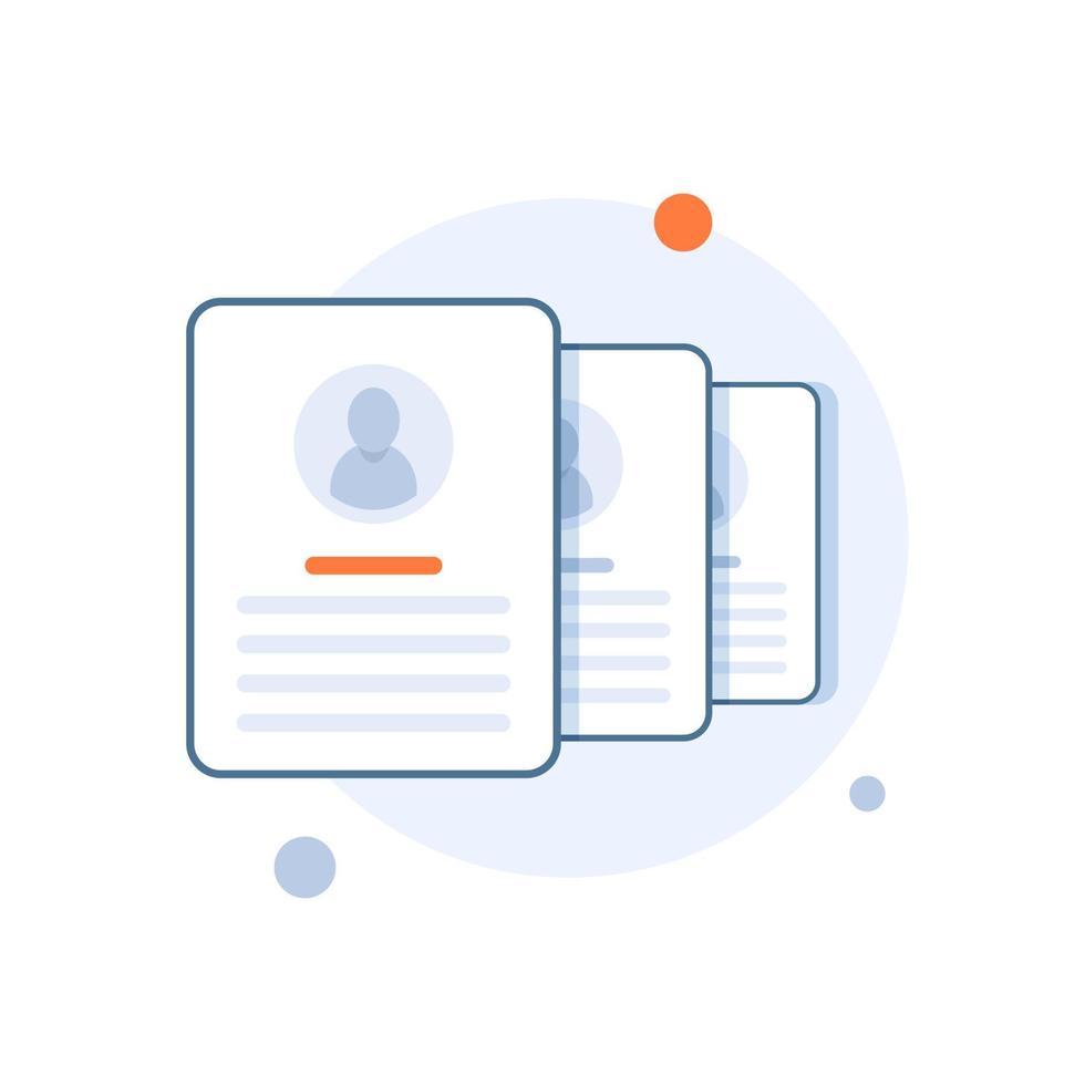 Documents with personal data vector illustration, flat cartoon paper document pile or stack with user profile data and photo, concept of interview job