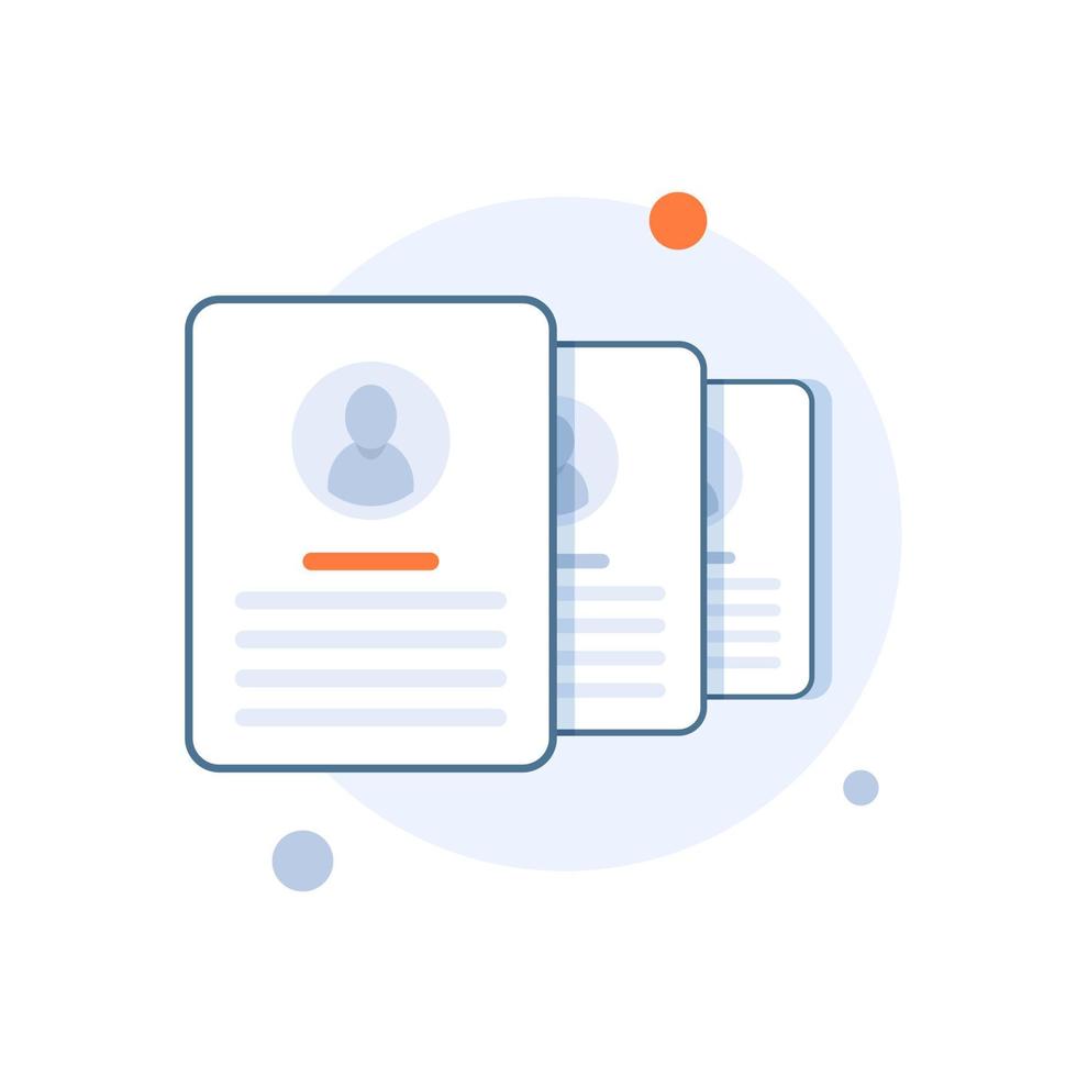 documentos con ilustración de vector de datos personales, pila de documentos de papel de caricatura plana o pila con datos de perfil de usuario y foto, concepto de trabajo de entrevista