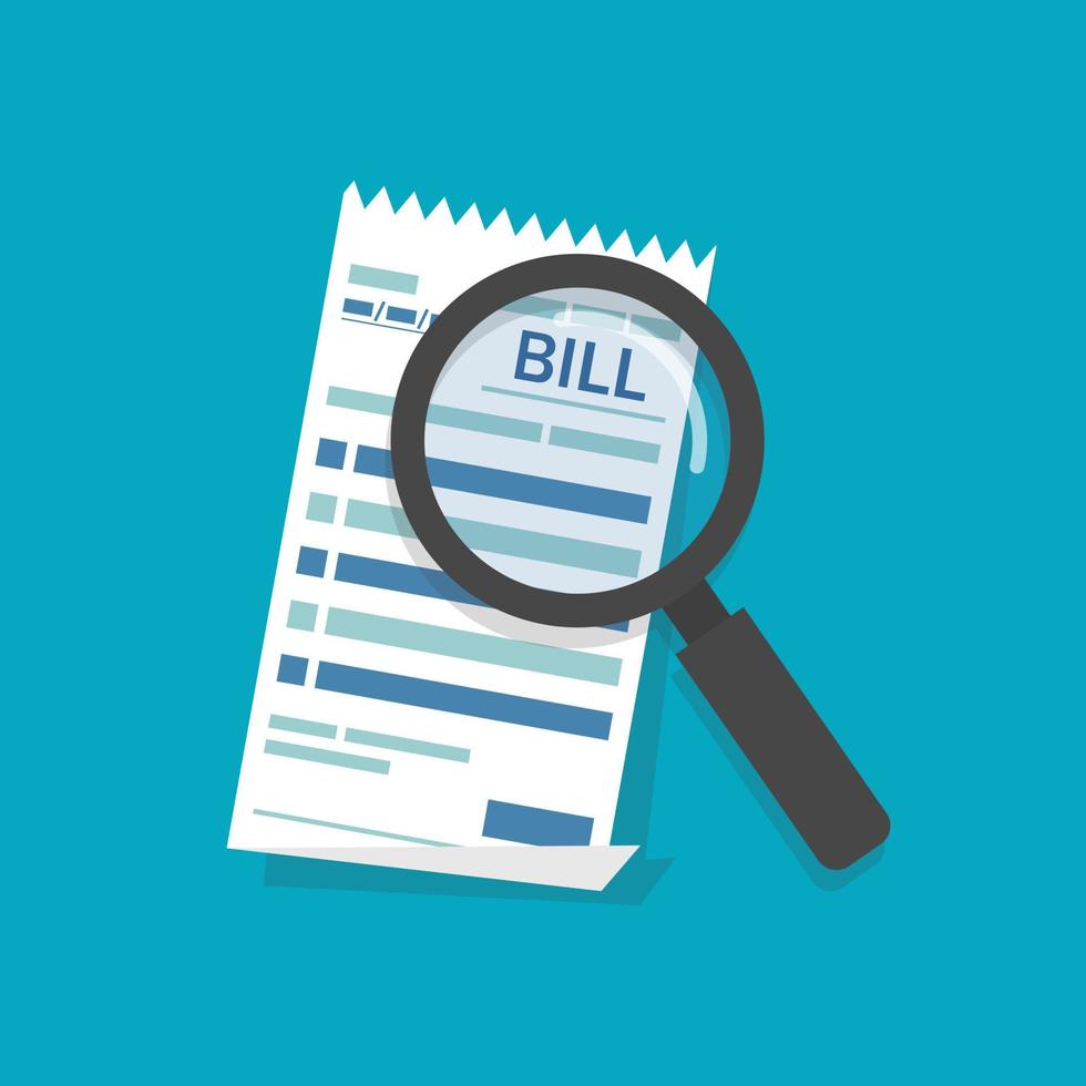 flat cartoon tax bill document analysis, financial check, paper invoice analyze vector