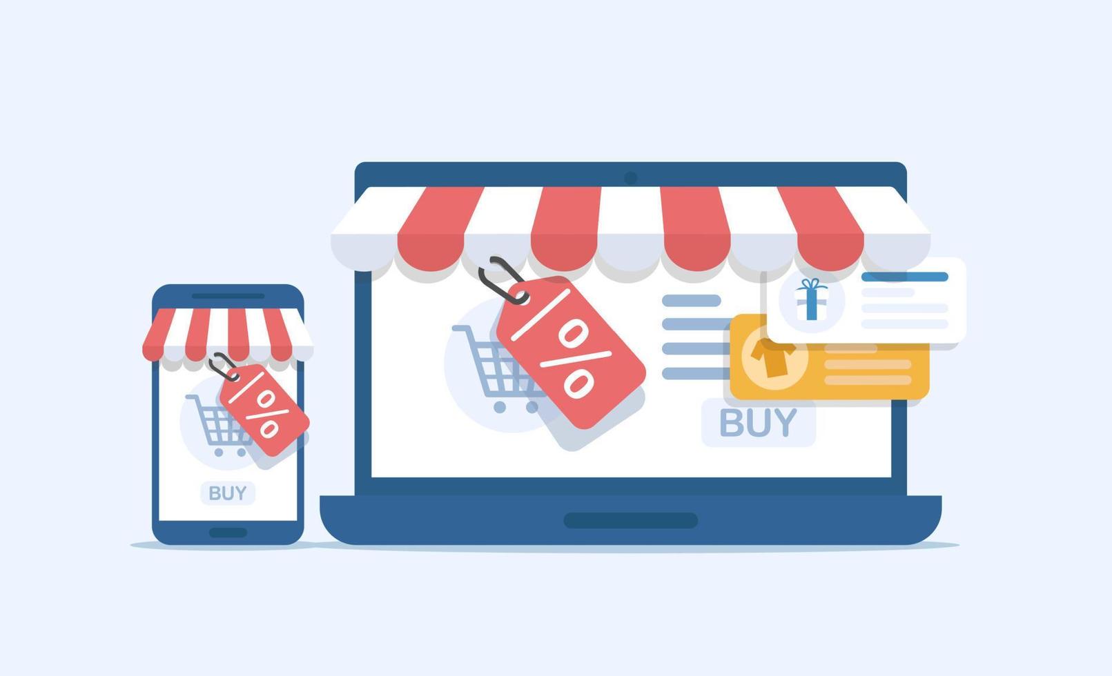 Online Marketing vector illustration. Internet business process,Mobile marketing , e-marketing, e-comerce